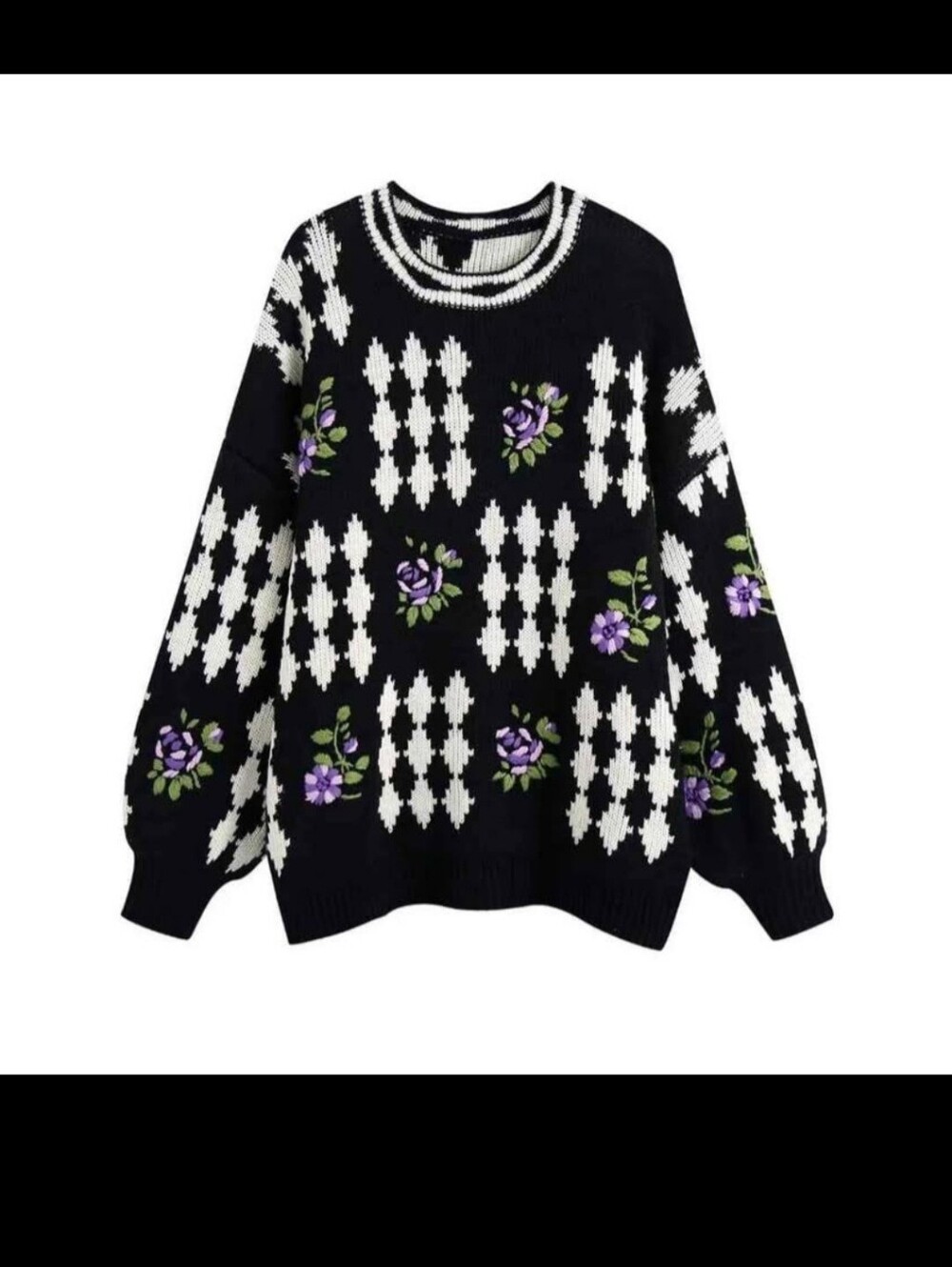 BNWT Rare Zara Sweater Black & White Argyle Sweater with Purple Rose Motif